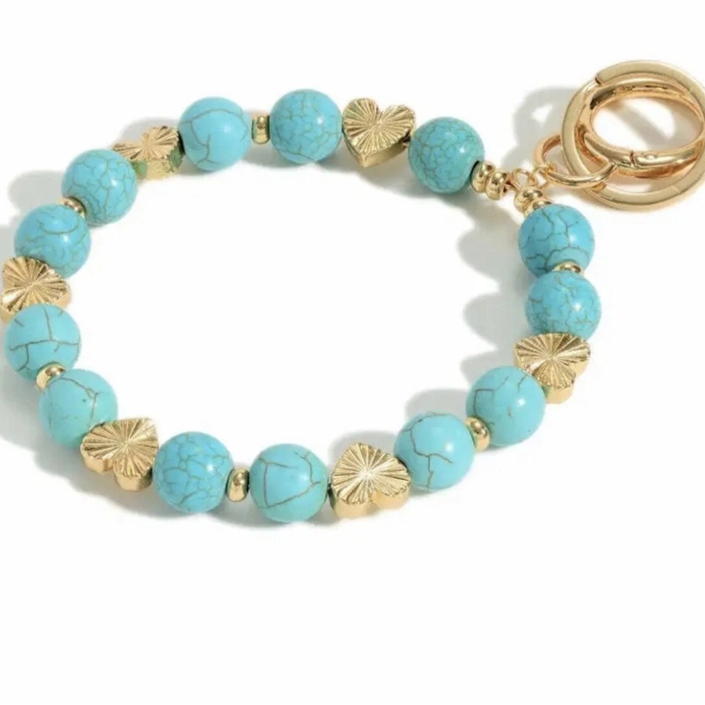 New Turquoise Stone Bead Keychain Bracelet Wristlet Gold Bag Charm Boho Chic